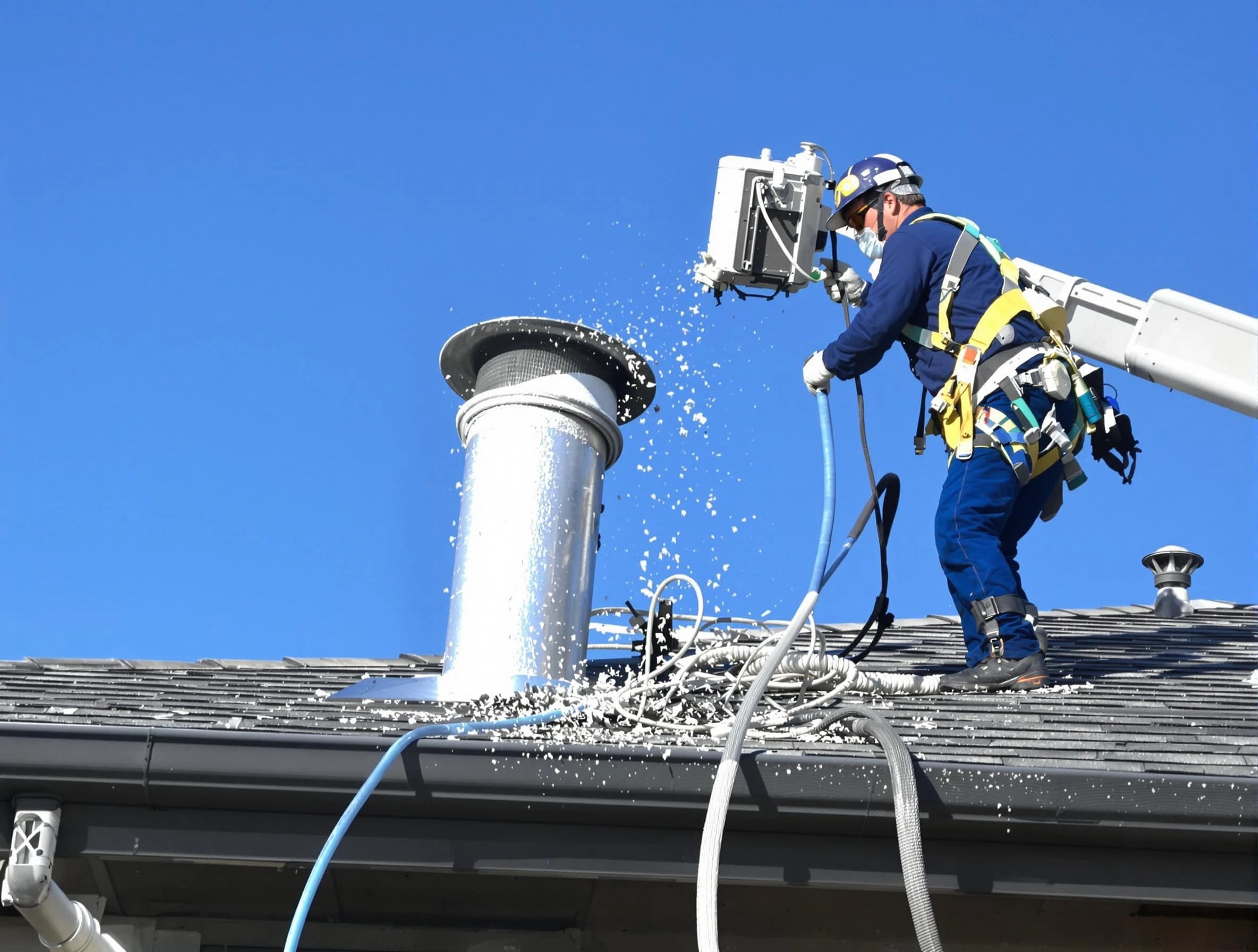 Clay Dryer Vent Cleaning certified technician safely cleaning a roof-mounted dryer vent in Clay