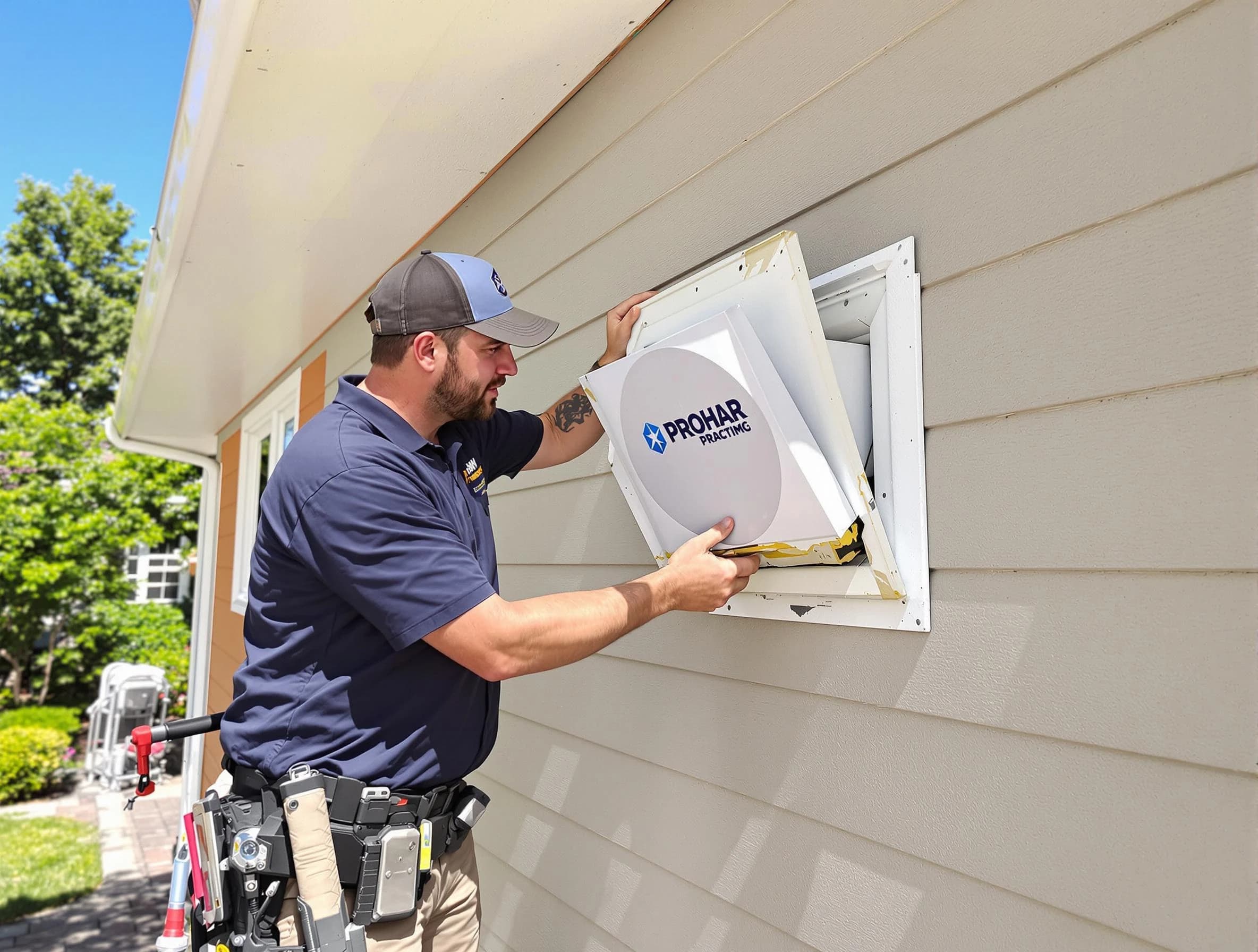 Clay Dryer Vent Cleaning technician installing a new protective dryer vent cover on a home in Clay