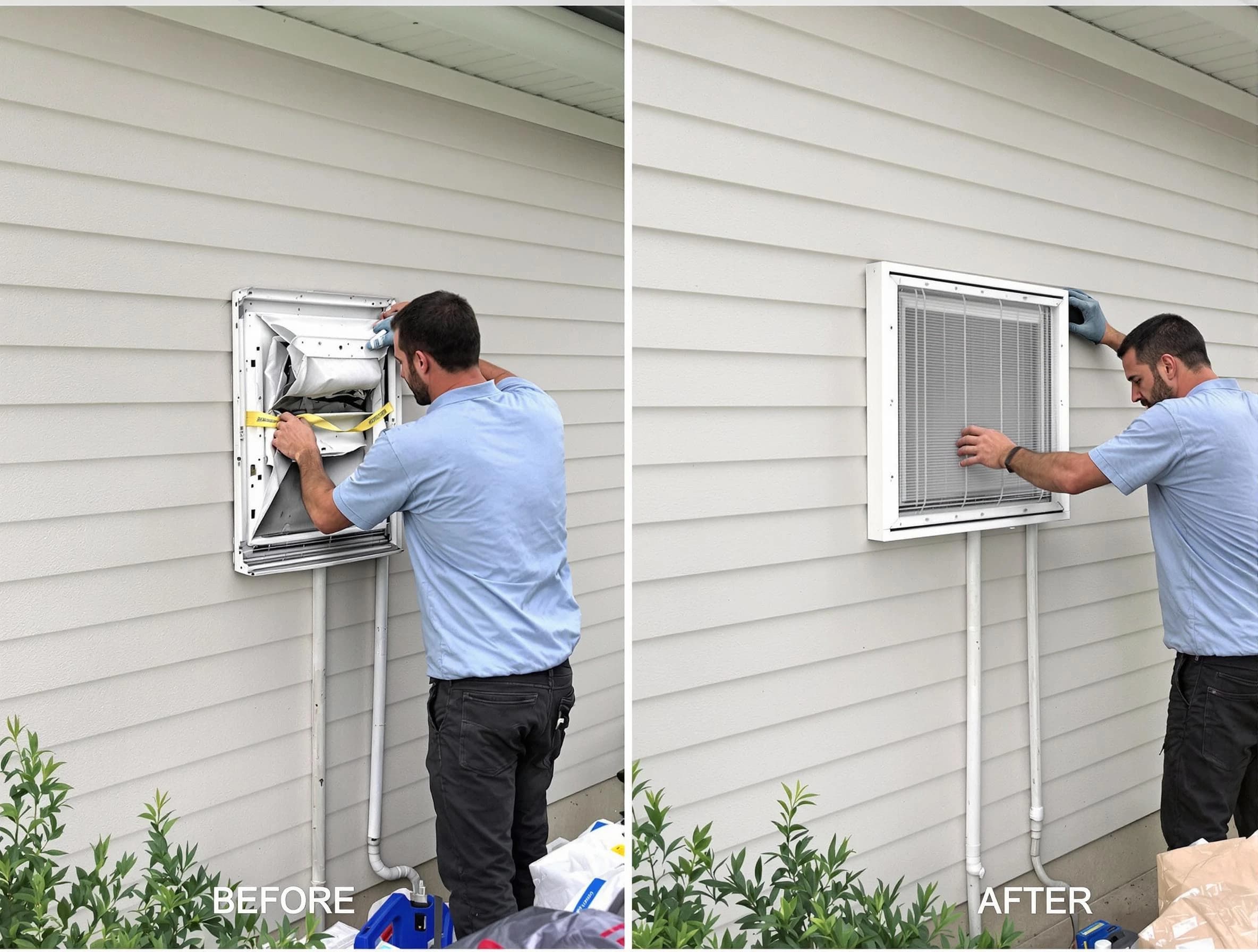 Clay Dryer Vent Cleaning technician installing high-quality dryer vent cover at a residential property in Clay
